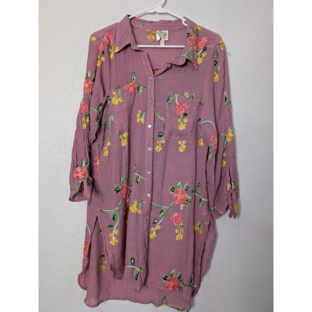 Fig‎ and Flower Floral Embroidered Tunic Blouse Womens  XL Boho Hippie Cottage